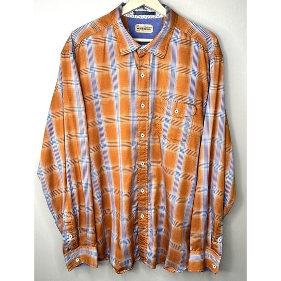 Tommy Bahama Mens Shirt Button Up Long Sleeve Casual Orange Blue Plaid X-Large - Picture 1 of 13